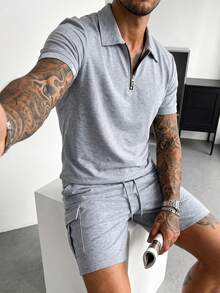 Manfinity Homme Men's Short-Sleeve Half-Zip Polo & Cargo Shorts Set With Slanted And Patch Pockets Solid-Color - Light Grey - View 1