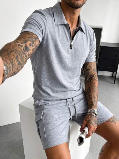 Manfinity CasualCool Men's Short-Sleeve Half-Zip Polo & Cargo Shorts Set With Slanted And Patch Pockets Solid-Color
