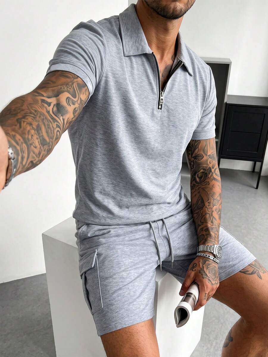 Manfinity Homme Men's Short-Sleeve Half-Zip Polo & Cargo Shorts Set With Slanted And Patch Pockets Solid-Color - Light Grey - View 1
