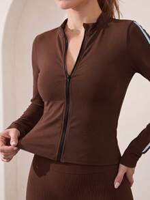 Easithlete Contrast Color Striped Slim Fit Sports Jacket - Coffee Brown - View 7