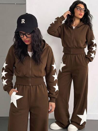 SHEIN Sparklyn Teenager Mädchen Langarm Herbst/Winter einfarbig Fleece gefütterter Reißverschluss Hoodie, Camisole und weite Hose Lässig 3-teiliges Set