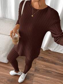 SHEIN Frenchy Drop Shoulder Ribbed Knit Tee & Leggings Textured Fabric Two Pieces - Coffee Brown - View 6