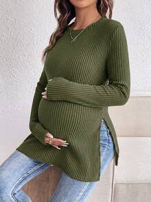 SHEIN Maternity Simple Versatile Long Sleeve Split Hem T-Shirt Fall - Army Green - View 4