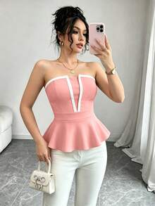 SHEIN Raffinéa 粉色與白色夏季女款抹胸上衣，優雅派對無肩帶V領荷葉邊泡泡袖上衣，法式修身露背短版上衣，Y2K胸部包覆式上衣 - 淺粉色 - 查看 1