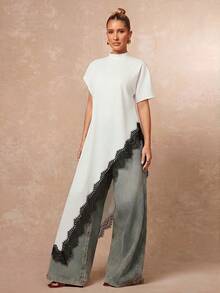 Lumalex 秋冬優雅蕾絲拼接不對稱假領短袖女上衣 Dawn-To-Gala 優雅端莊 讓妳展現美麗光彩 - 黑與白 - 查看 10
