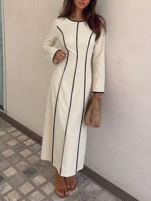 Siren Gaze 女款休閒長袖圓領拼色洋裝，適合日常穿著。秋季洋裝，拼色設計，長袖，收腰，優雅長洋裝，適合女性。休閒長洋裝，適合外出。 - 杏色 - 查看 7