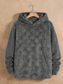 HIMLAND 男士純色深灰色毛絨抓絨連帽套頭衫，寬鬆版型，紋理格紋圖案，保暖柔軟，秋冬休閒街頭風上衣 - 灰色 - 查看 3