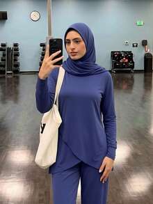 Swim Mulvari Indigo Blue Round Neck Long Sleeve Double Layer Asymmetrical Hem Loose Casual Sports Set - Multicolor - View 3