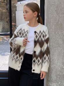 Hapijoa Tween Girl Plaid Loose Fit Autumn Sweater Top, Thick Cardigan, Colorblock Casual Knitwear Winter - Beige - View 1