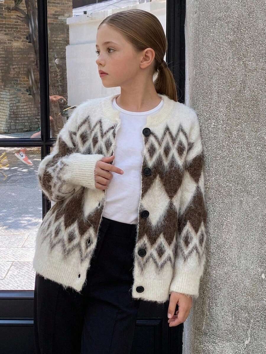 Hapijoa Tween Girl Plaid Loose Fit Autumn Sweater Top, Thick Cardigan, Colorblock Casual Knitwear Winter - Beige - View 1