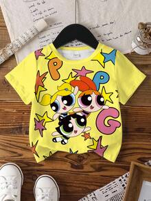 THE POWERPUFF GIRLS X SHEIN 女童夏季休閒卡通印花T恤 - 白色 - 查看 7