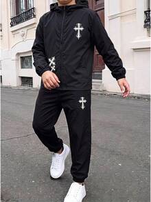SHEIN 兒童青少年男孩休閒日常百搭舒適字母印花圖案連帽寬鬆長袖輕量梭織秋季外套街頭風 - 彩色 - 查看 1