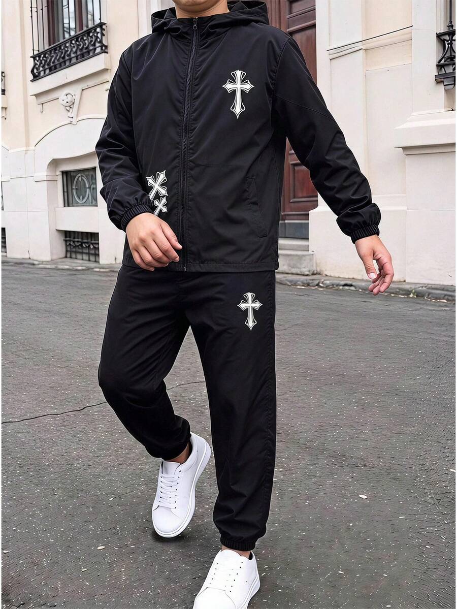 SHEIN 兒童青少年男孩休閒日常百搭舒適字母印花圖案連帽寬鬆長袖輕量梭織秋季外套街頭風 - 彩色 - 查看 1