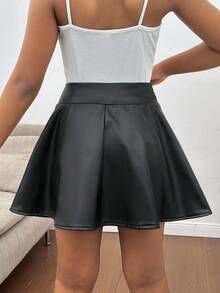 SHEIN 青少年女孩黑色仿皮迷你裙，带短裤衬里和口袋，PU 短裙，PU 短裙 - 黑色 - 查看 2
