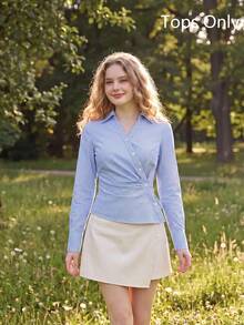 SHEIN MOD Women's Blue & White Striped Collared Long Sleeve Shirt, Business Casual Style, 90s Vintage Style, Autumn Clothing, Back To School Season, Women's Shirt, Outing Top, Long Sleeve Shirt, Valentine's Day Work Blouse - Blue and White - View 6