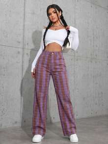 INAWLY Celana Jeans Denim Potongan Lurus dengan Garis-Garis Warna Kontras - MultiWarna - View 4