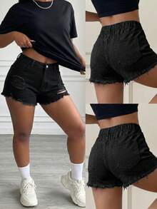 SHEIN ICON 大尺碼夏季休閒水洗磨損牛仔短褲 - 黑色 - 查看 1
