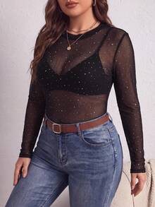 SHEIN PETITE CURVE 大尺碼女款水鑽網紗圓領長袖透視性感上衣 - 黑色 - 查看 7