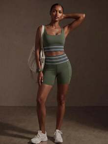 Zivah Women's Striped Cross Back Crop Tank Shorts 2 Pieces Workout Set Gym Athletic Outfit All Season - Army Green - View 7