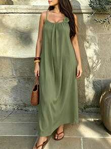 Cévolie Textured Fabric Loose Casual Spaghetti Strap 3D Floral Decor Plus Size Women's Dress - Green - View 2