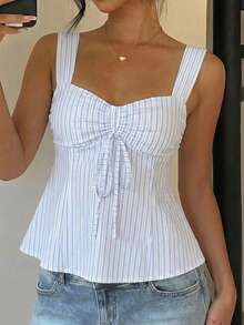 CovetEZ 95% Cotton Blue Asymmetrical Striped All-Over Print Pattern Vacation Women's Tank Top Suitable For Spring And Summer - Multicolor - View 4