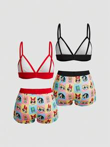 Chillnights THE POWERPUFF GIRLS X SHEIN 4pcs Plaid Camisole Bra & Hipster Panty Set - Multicolor - View 2