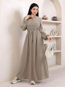 Veilorie Women's Colorblock Striped Drawstring Waist Long Dress - Khaki - View 5