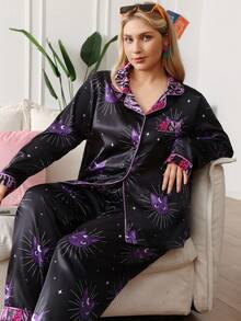 Chillnights Conjunto de pijama joven Moon Cat con bloques de color, estampado de leopardo, patrón geométrico, cuello de solapa, satén, cómodo, talla grande - Negro - Ver 5
