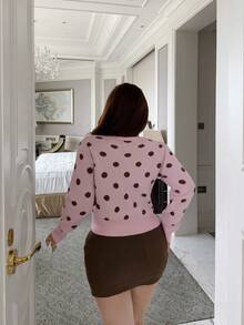 Vibekara Cardigan Leher Bulat Motif Polkadot untuk Wanita Muda Ukuran Plus, Cocok untuk Pesta, Sehari-hari, dan Pakaian Rumah Musim Dingin - Berwarna merah muda - View 2