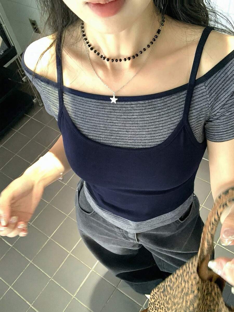 DAZY 女款層次感掛脖短袖T恤,設計感辣妹修身百搭上衣 - 灰色 - 查看 1