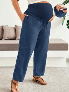 Plussiva 大尺碼女款純色可調腰休閒日常長褲 - 藏蓝色 - 查看 1