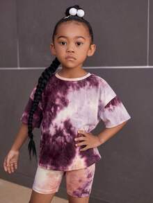 SHEIN Set Kasual Anak Perempuan: Kaos dan Celana Pendek Motif Tie-Dye, Bahu Longgar, Kerah Bulat - MultiWarna - View 2