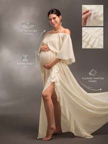 Cheriluna Maternity 女式露肩纯色高开衩荷叶边下摆孕妇摄影连衣裙 - 杏色 - 查看 3