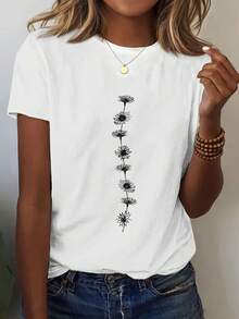 NostaNoir Plant And Floral Print Summer Round Neck Short Sleeve Casual T-Shirt Graphic Tees Women Tops - White - View 1