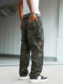 Manfinity EMRG 男士街頭風休閒多口袋迷彩牛仔長褲 - 軍綠色 - 查看 1
