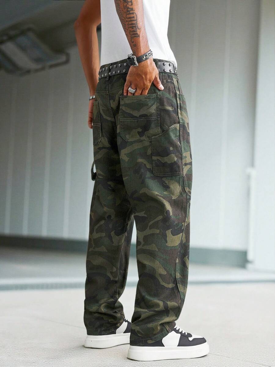 Manfinity EMRG 男士街頭風休閒多口袋迷彩牛仔長褲 - 軍綠色 - 查看 1