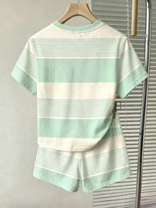 Tween女孩休閒舒適粉色條紋3D花卉圖案寬鬆圓領T恤與寬鬆短褲2件套，適合日常穿著、外出、學校、返校季，甜美風格，慵懶隨性 - 彩色 - 查看 2