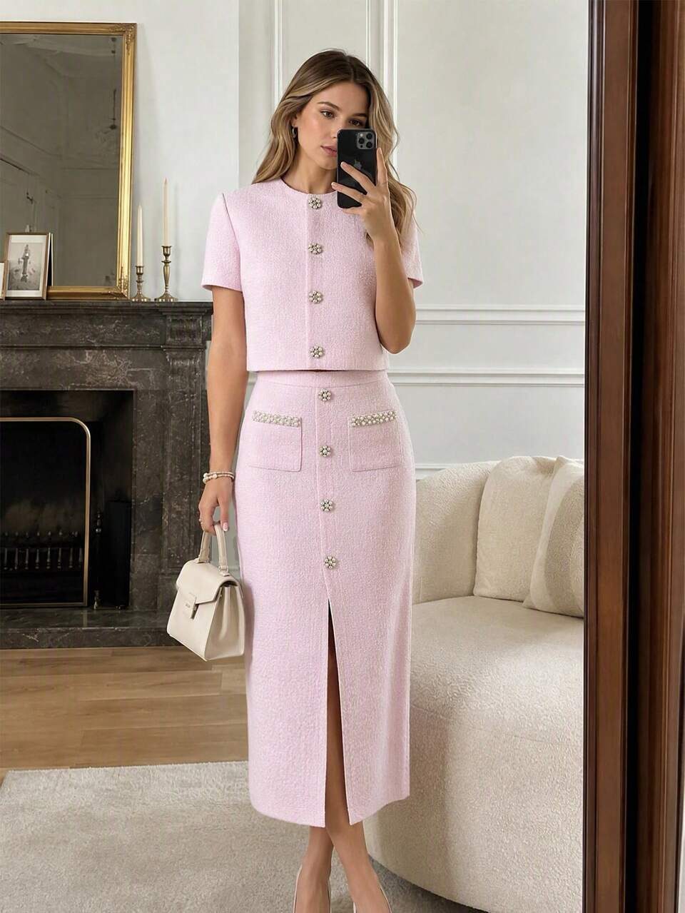 Enchnt Premium Pre-Fall Romantic Women's Elegant Pink Tweed Pearl Buttons Short Sleeve Casual Set,Casual Dress,Festival Outfits,Work Outfits,Formal
