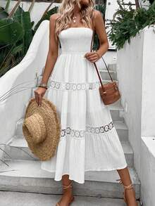 Breezaya Guipure Lace Insert Tube A-Line Dress Vacation Beach Outfits Women - White - View 3