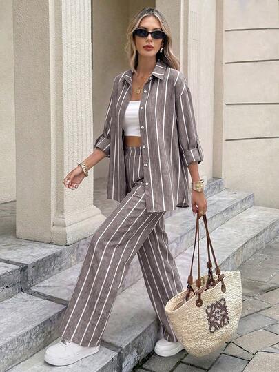Serisse Women's Striped Rolled Sleeve Shirt And Pants Casual 2 Pieces Set