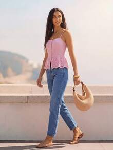 CAJUNI Women's Sweet Vacation Button Embroidered Hollow Out Camisole - Pink - View 5