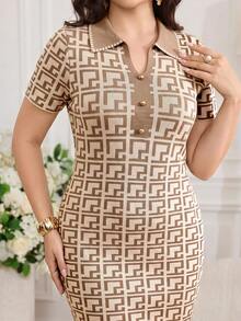 Feyla Plus Size Jacquard Fashion Button Short Sleeve Exquisite Knit Dress - Multicolor - View 7