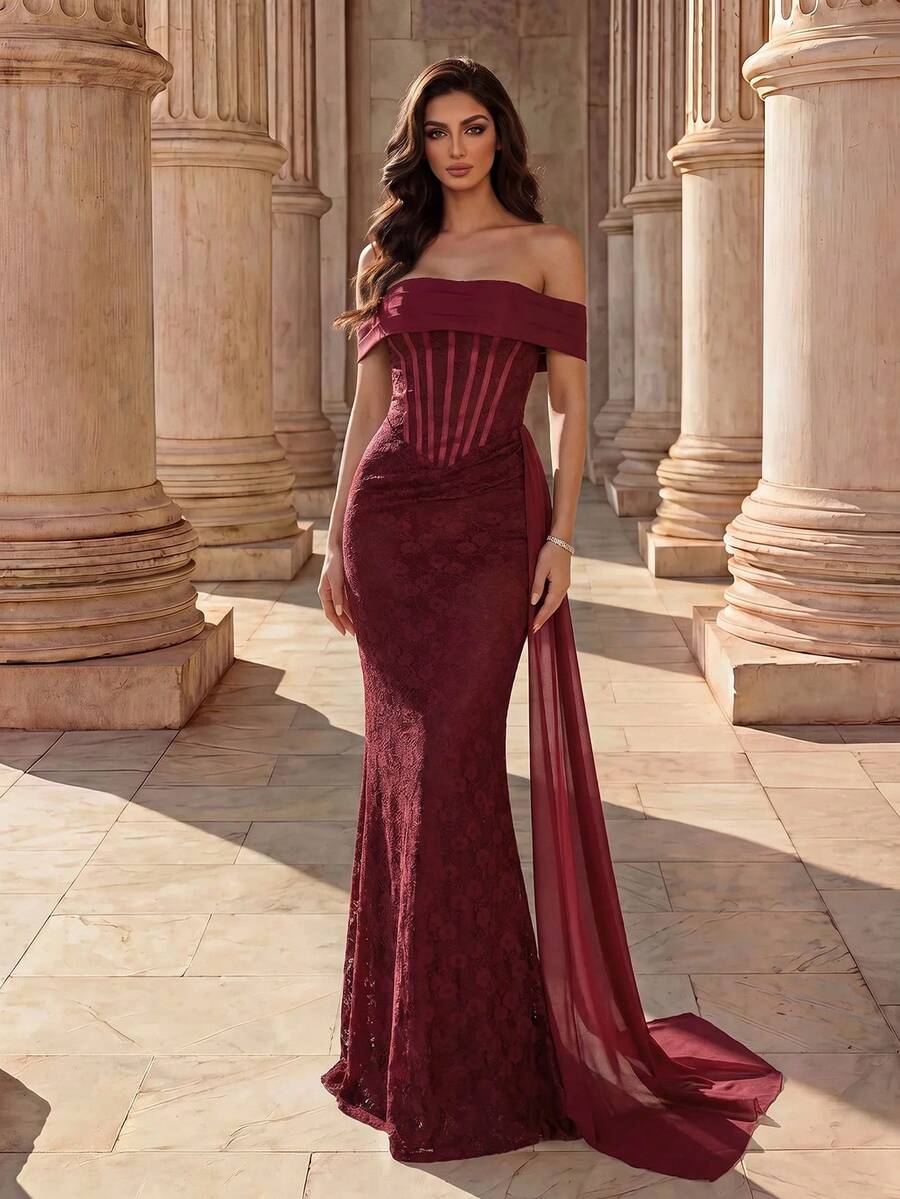 Coutiva Women's Off-Shoulder Fitted Extra Long Lace Mermaid Hem Evening Gown