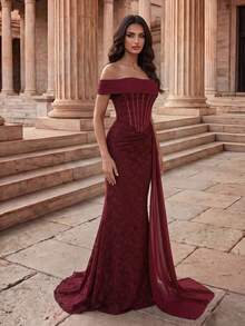 Coutiva Women's Off-Shoulder Fitted Extra Long Lace Mermaid Hem Evening Gown - Burgundy - View 7