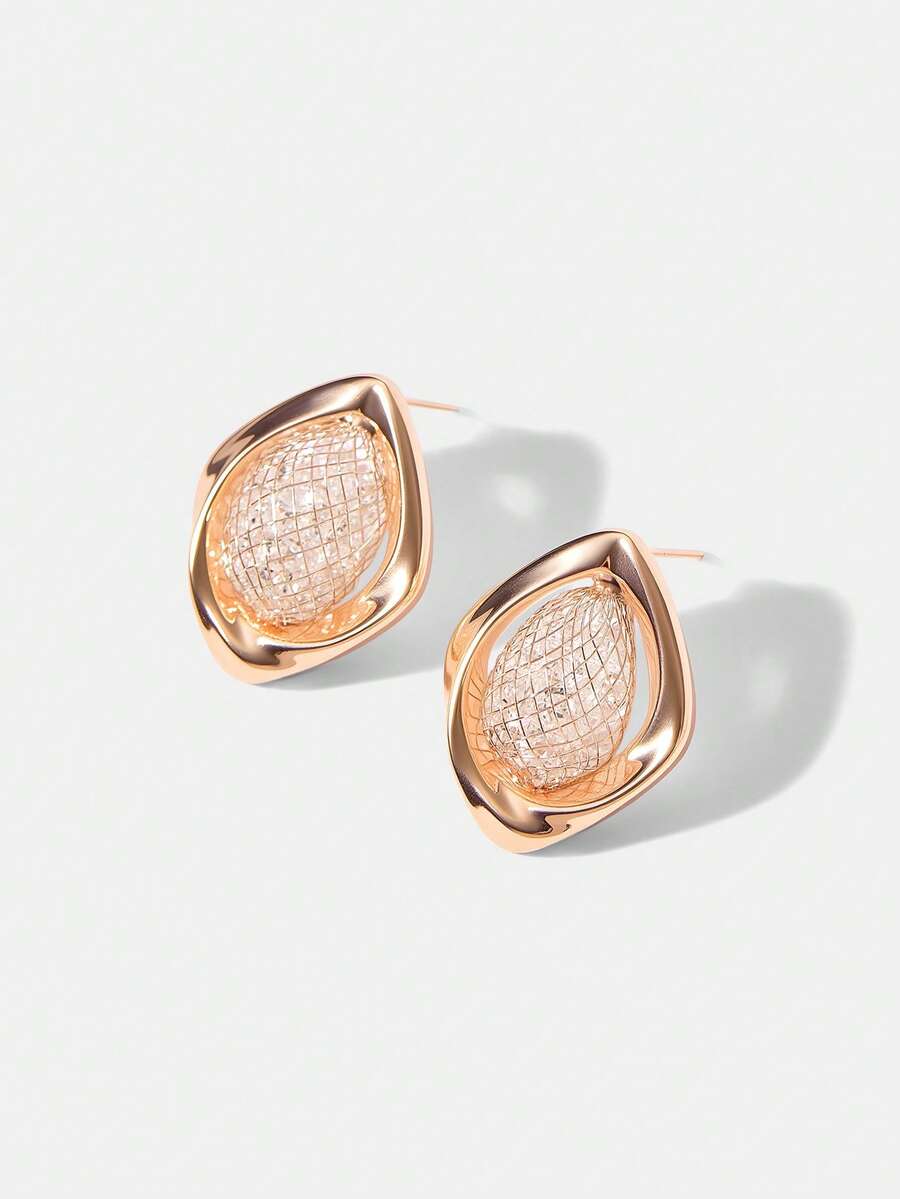 MOTF Pendientes Premium de Malla Tejida Oro Rosa con Diamante y Piedra Preciosa - Oro rosa - Ver 2