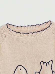 ROMWE Autumn/Winter Women's Short Fish Line Embroidered Crew Neck Flared Sleeve Contrast Trim Sweater - Apricot - View 4