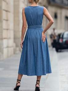 Everyssa Fall Vintage Sleeveless Button Front Belted Waist Midi Length Elegant Daily Wear Going Out Office Denim Dress For Women - Medium Wash - View 3