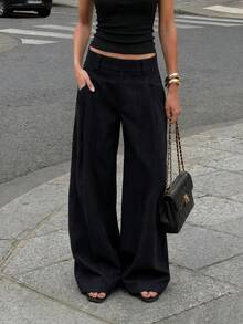 SHEIN PETITE Women's Casual Versatile Solid Color Wide Leg Long Pants Work Office Black Autumn - Black - View 7