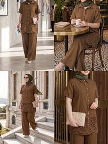 Lacomfia Minimalist Casual Solid Color Short Sleeve Hem Lace Trim Regular Fit Plus Size Shirt And Solid Color Elastic Waist Wide Leg Pants Spring/Summer Plus Size 2-Piece Set - Brown - View 1
