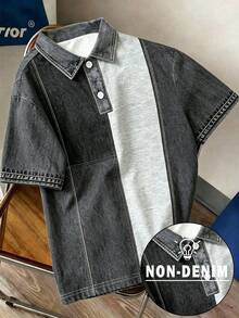 Manfinity Hypemode Men's Denim Effect Print Patchwork Polo Shirt, Suitable For Casual Daily Wear - Multicolor - View 1